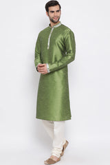 Long Cotton Silk Green Kurta Pyjama Set