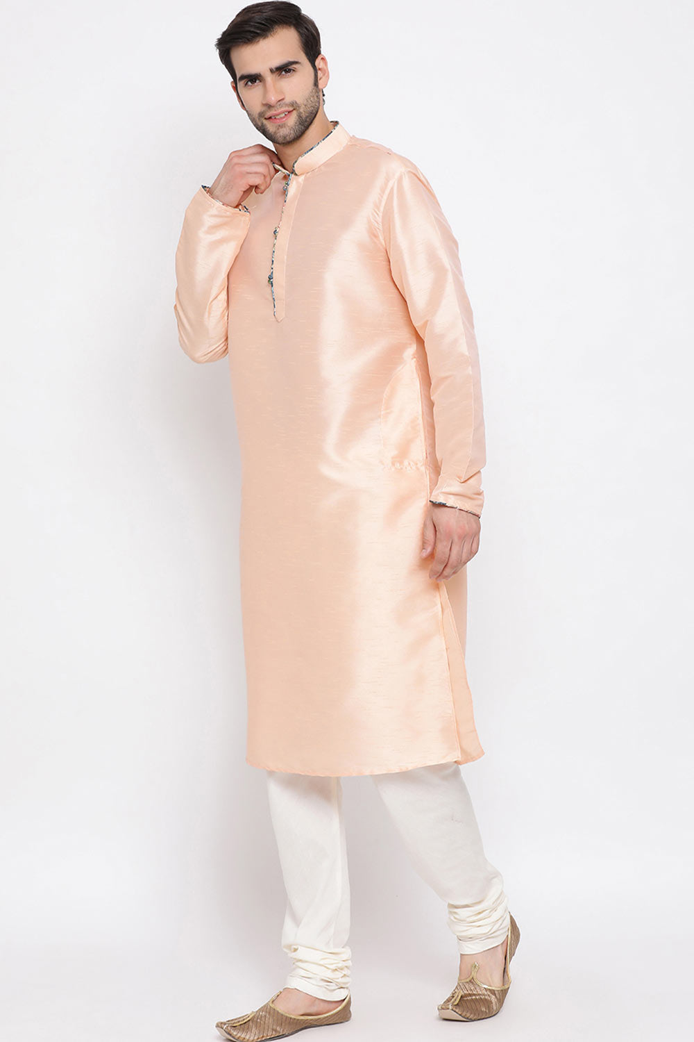 Long Cotton Silk Peach Kurta Pyjama Set