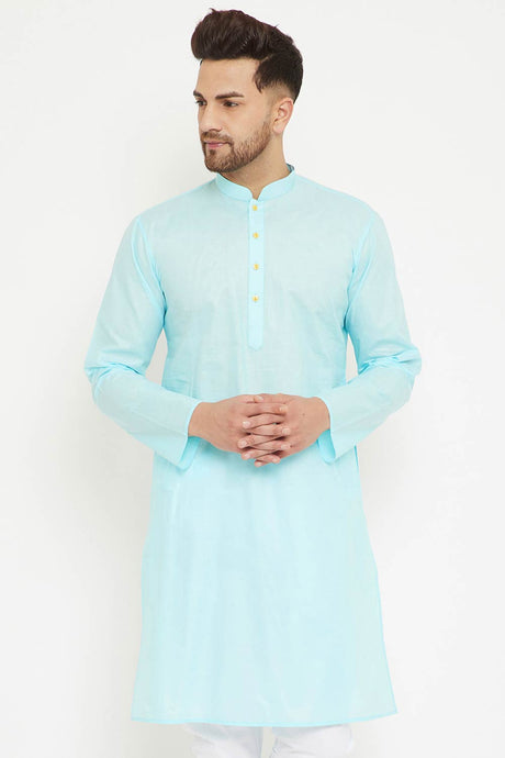 Buy Men's blended Cotton Solid Kurta in Aqua