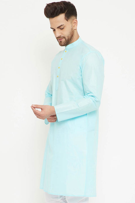 Buy Men's blended Cotton Solid Kurta in Aqua - Front