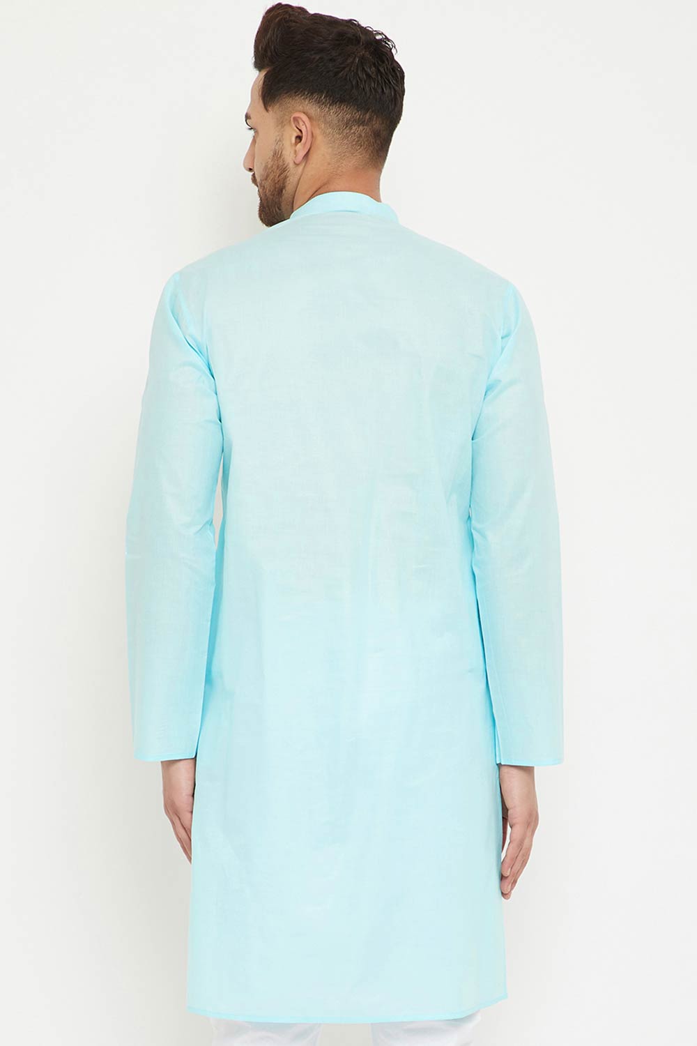 Buy Men's blended Cotton Solid Kurta in Aqua - Back