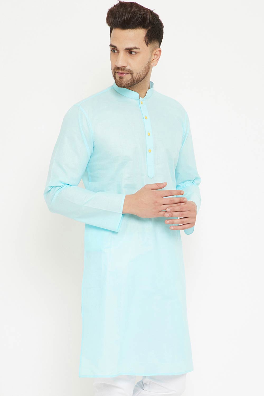 Buy Men's blended Cotton Solid Kurta in Aqua - Side