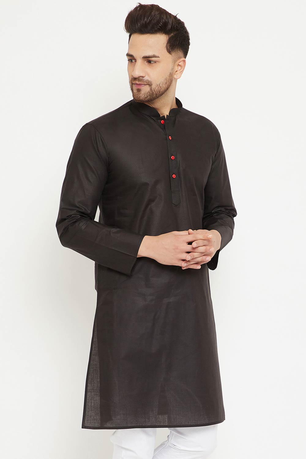 Buy Men's blended Cotton Solid Kurta in Black - Back