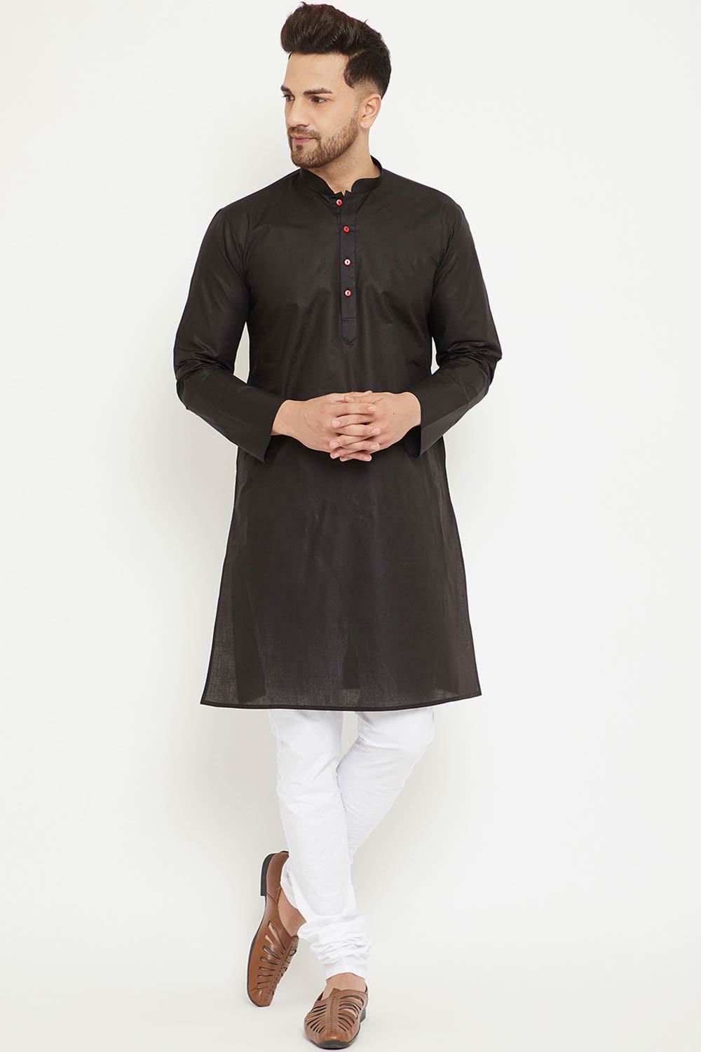 Buy Men's blended Cotton Solid Kurta Set in Black