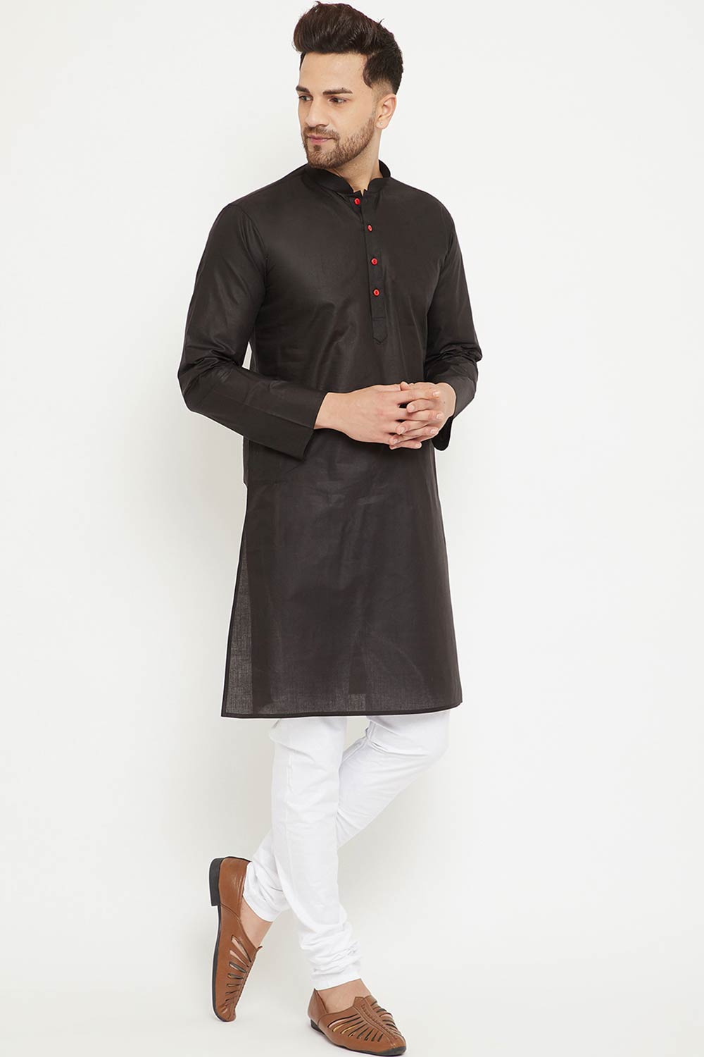 Buy Men's blended Cotton Solid Kurta Set in Black - Front