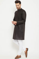 Buy Men's blended Cotton Solid Kurta Set in Black - Side