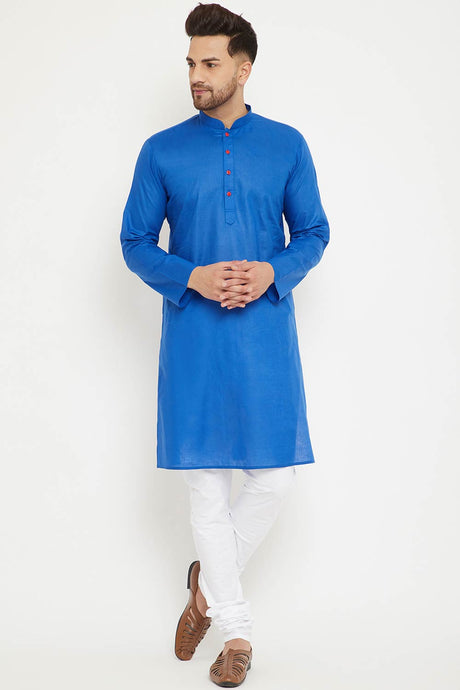 Buy Men's blended Cotton Solid Kurta Set in Royal Blue