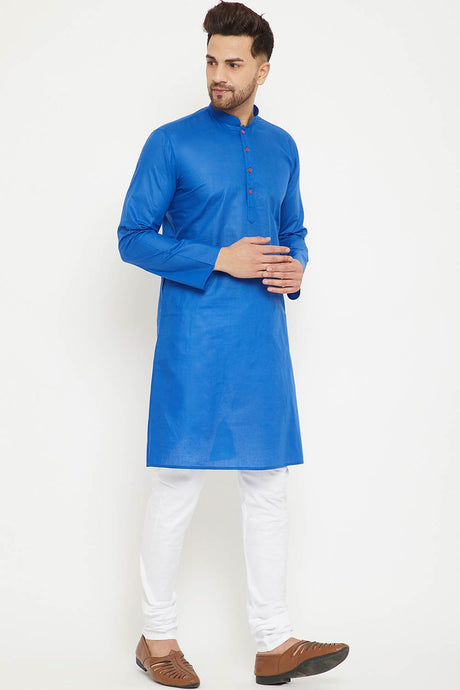 Buy Men's blended Cotton Solid Kurta Set in Royal Blue - Front