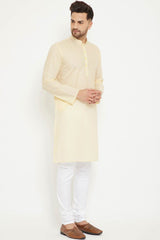 Buy Men's blended Cotton Solid Kurta Set in Cream - Front