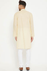 Buy Men's blended Cotton Solid Kurta Set in Cream - Back