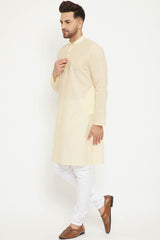 Buy Men's blended Cotton Solid Kurta Set in Cream - Side