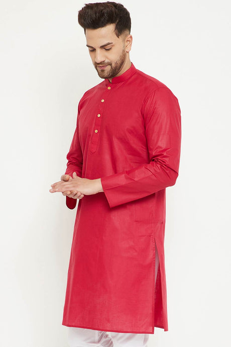 Buy Men's blended Cotton Solid Kurta in Red - Front