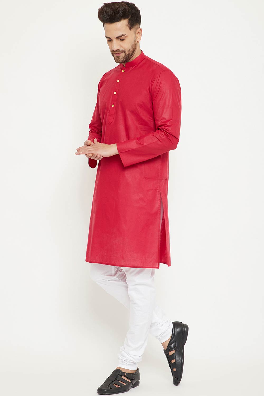 Buy Men's blended Cotton Solid Kurta Set in Maroon - Side