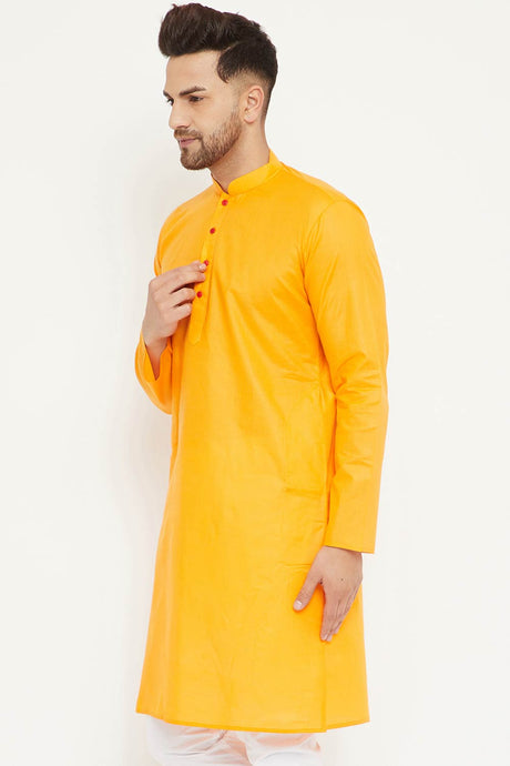 Buy Men's blended Cotton Solid Kurta in Orange - Front