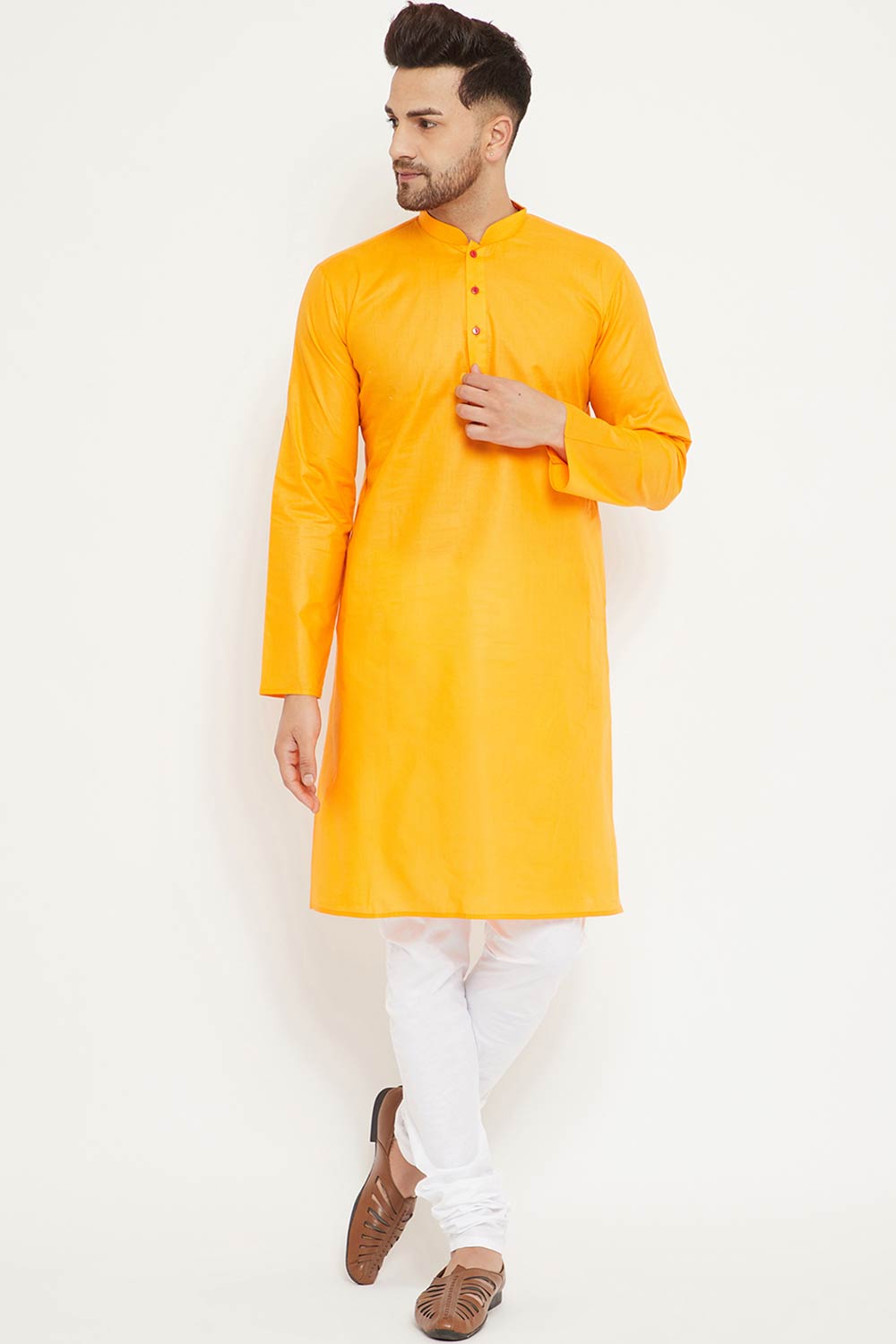 Buy Men's blended Cotton Solid Kurta Set in Orange