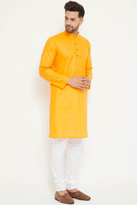 Buy Men's blended Cotton Solid Kurta Set in Orange - Front