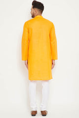 Buy Men's blended Cotton Solid Kurta Set in Orange - Back