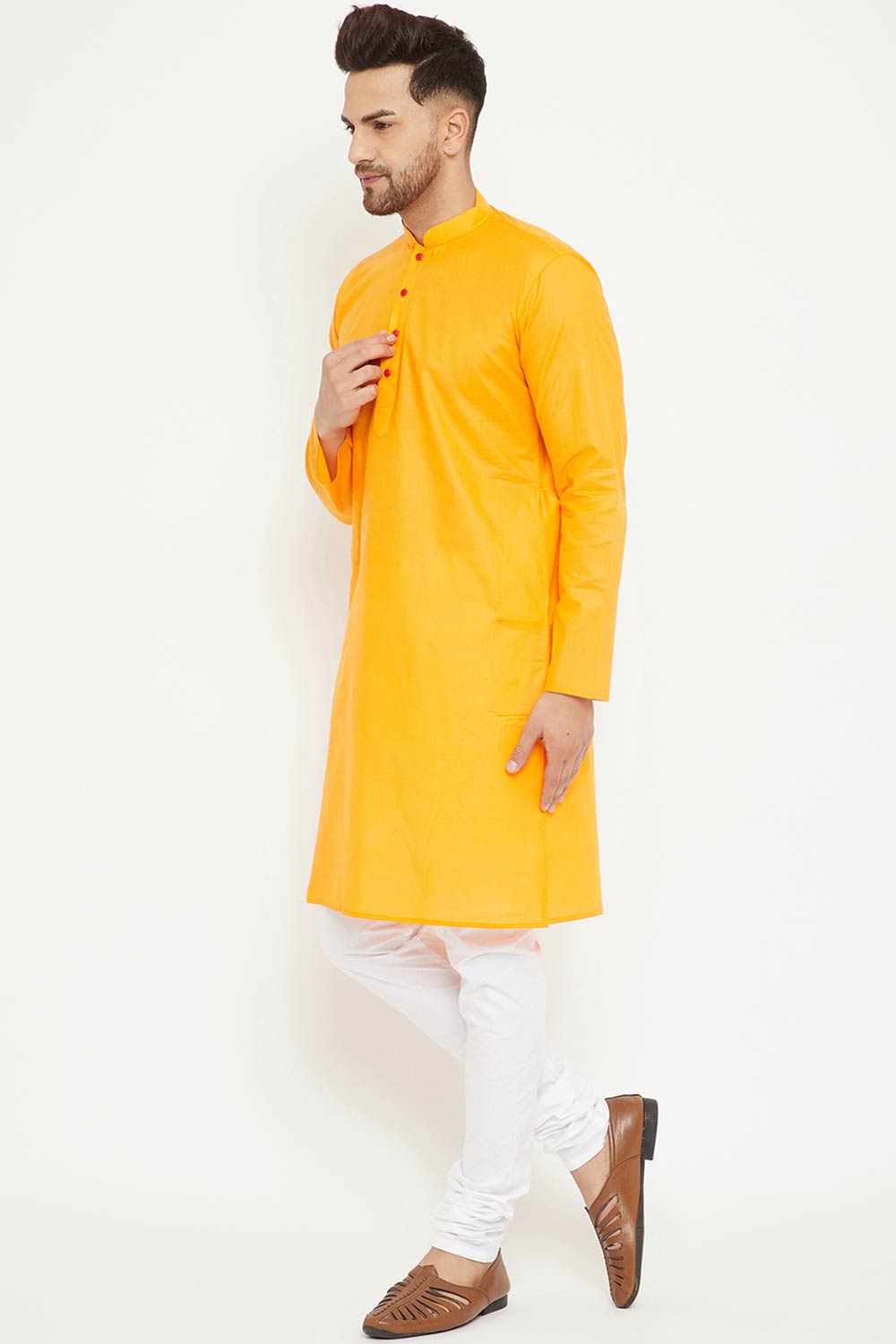 Buy Men's blended Cotton Solid Kurta Set in Orange - Side