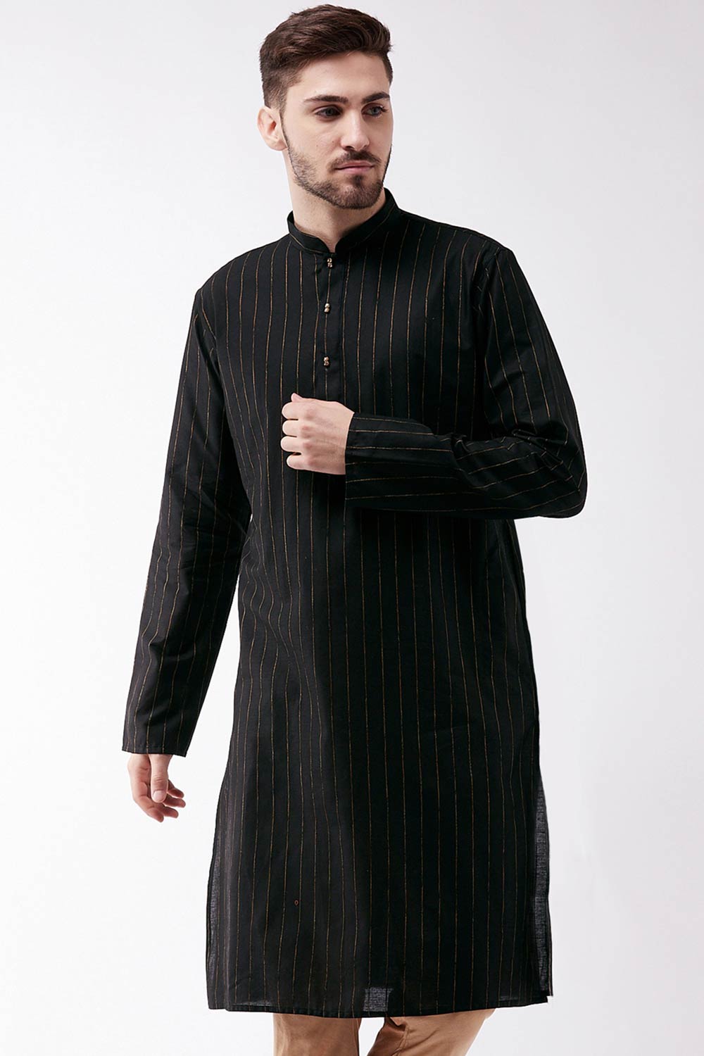 Buy Men's blended Cotton Woven Stripes Kurta in Black