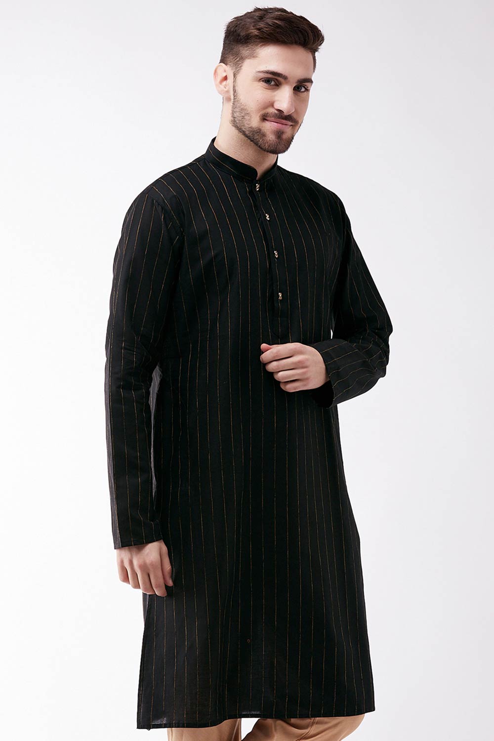 Buy Men's blended Cotton Woven Stripes Kurta in Black - Front