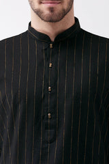Buy Men's blended Cotton Woven Stripes Kurta in Black - Side