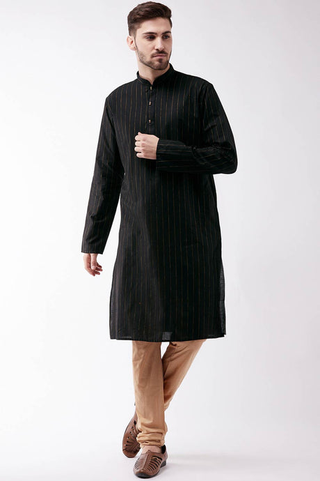 Buy Men's blended Cotton Woven Stripes Kurta Set in Black