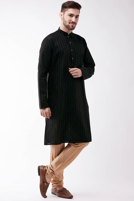 Buy Men's blended Cotton Woven Stripes Kurta Set in Black - Front