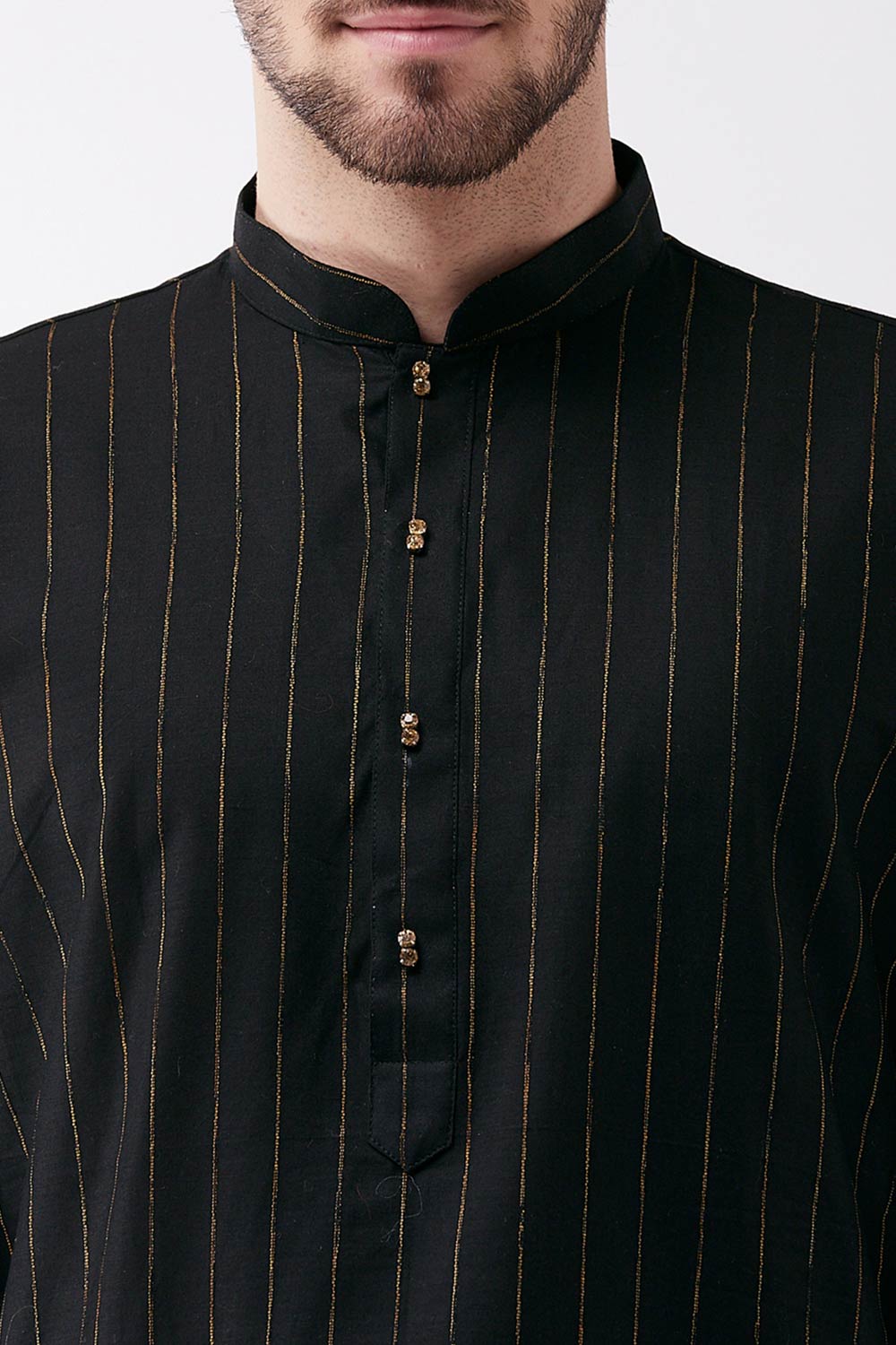 Buy Men's blended Cotton Woven Stripes Kurta Set in Black - Side