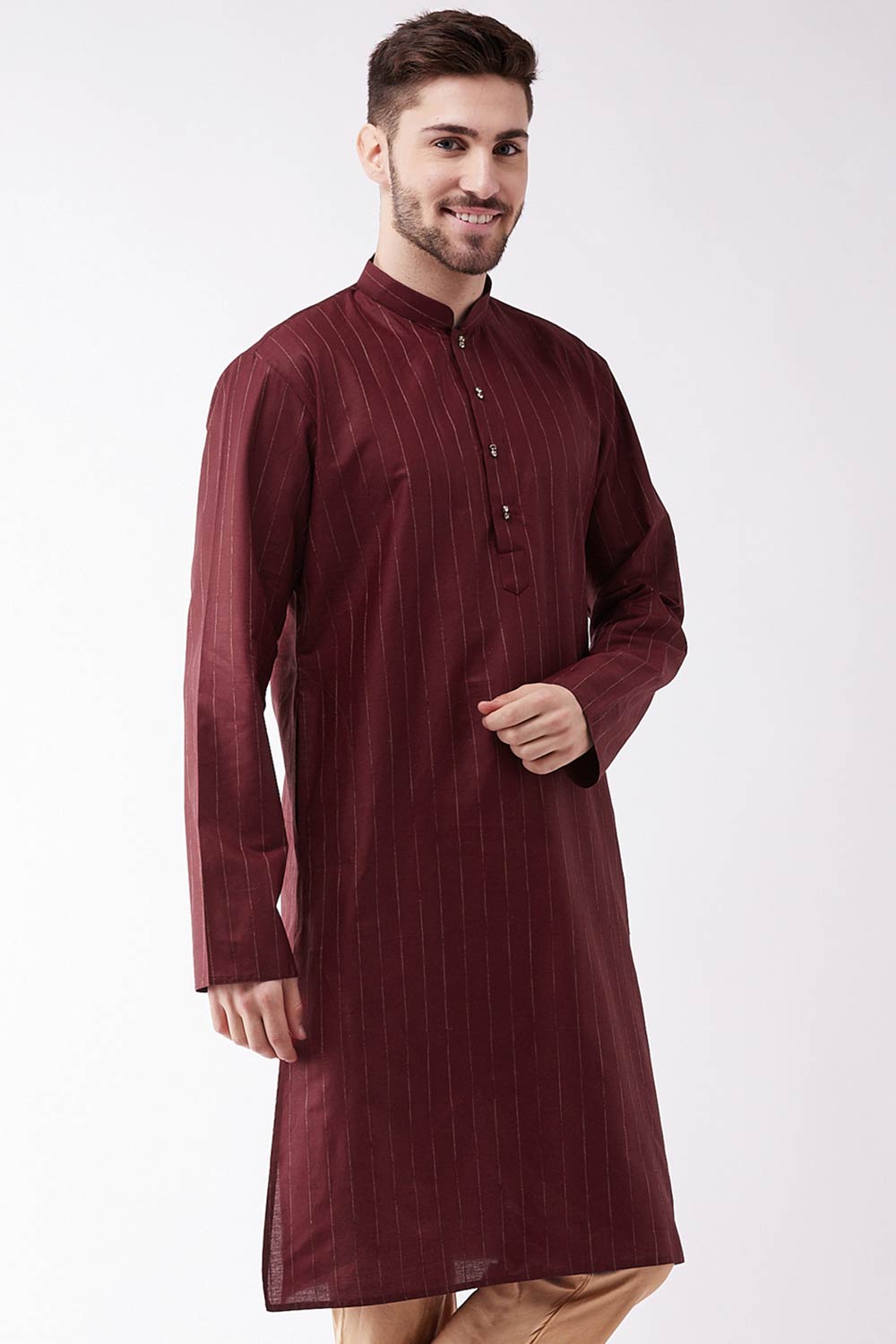 Buy Men's blended Cotton Woven Stripes Kurta in Maroon - Front