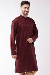 Buy Men's blended Cotton Woven Stripes Kurta in Maroon - Front