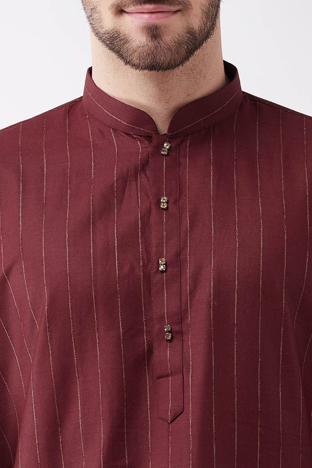 Buy Men's blended Cotton Woven Stripes Kurta in Maroon - Side