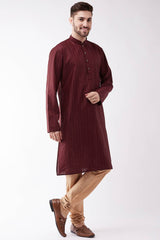 Buy Men's blended Cotton Woven Stripes Kurta Set in Maroon - Front