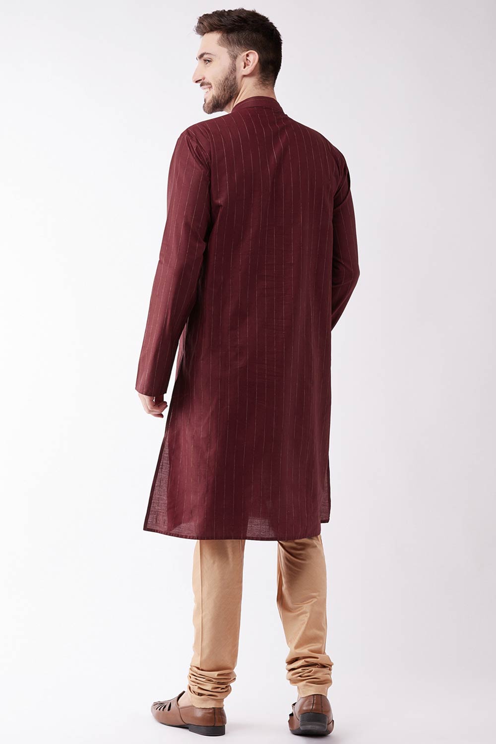 Buy Men's blended Cotton Woven Stripes Kurta Set in Maroon - Back