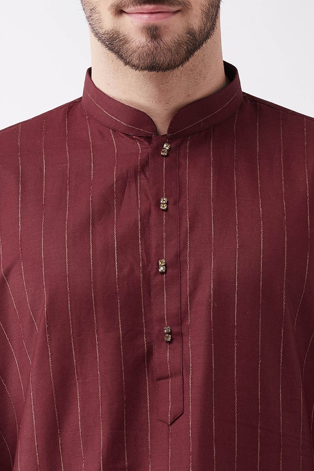 Buy Men's blended Cotton Woven Stripes Kurta Set in Maroon - Side