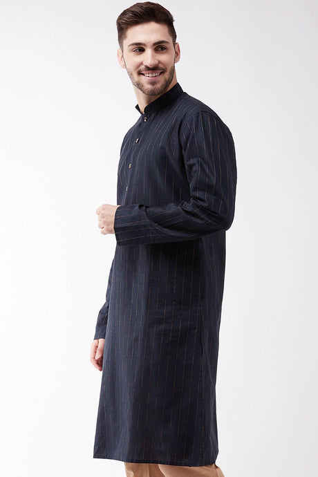 Buy Men's blended Cotton Woven Stripes Kurta in Navy Blue - Front