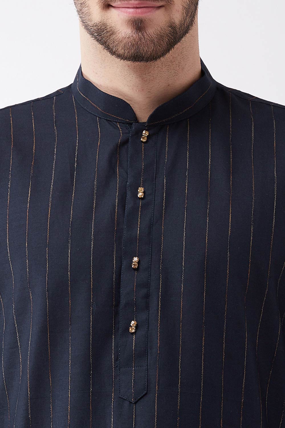 Buy Men's blended Cotton Woven Stripes Kurta in Navy Blue - Side