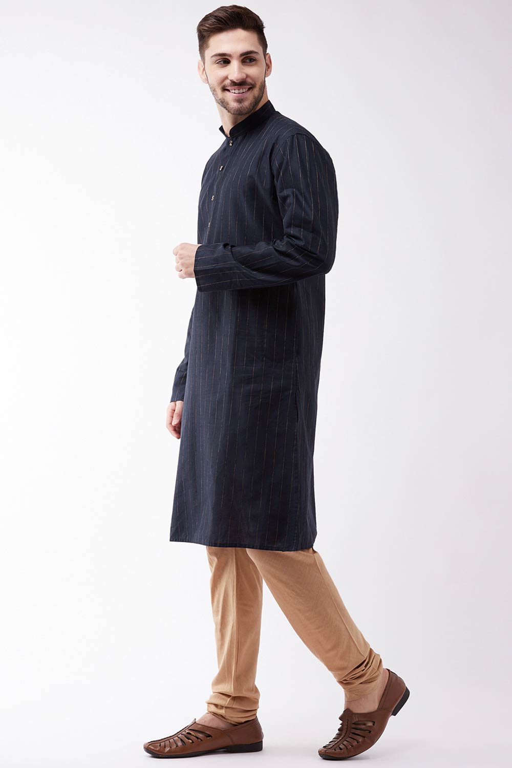 Buy Men's blended Cotton Woven Stripes Kurta Set in Navy Blue - Front