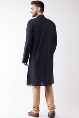 Buy Men's blended Cotton Woven Stripes Kurta Set in Navy Blue - Back
