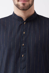 Buy Men's blended Cotton Woven Stripes Kurta Set in Navy Blue - Side