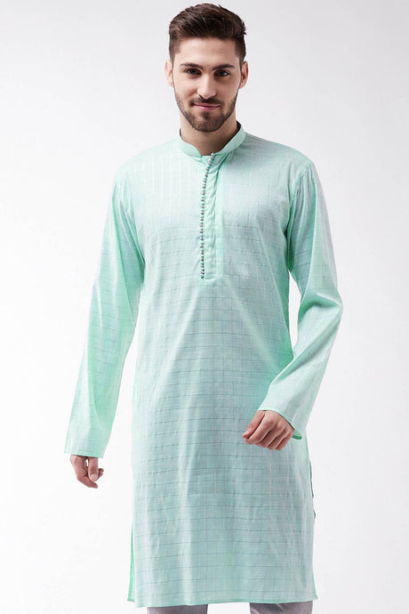 Buy Men's blended Cotton Woven Checks Kurta in Aqua Blue