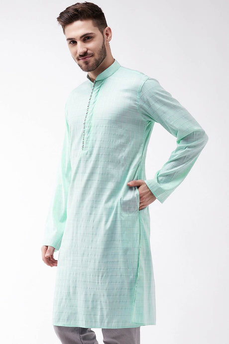 Buy Men's blended Cotton Woven Checks Kurta in Aqua Blue - Front