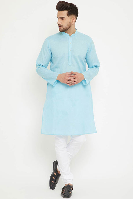 Buy Men's blended Cotton Solid Kurta Set in Aqua