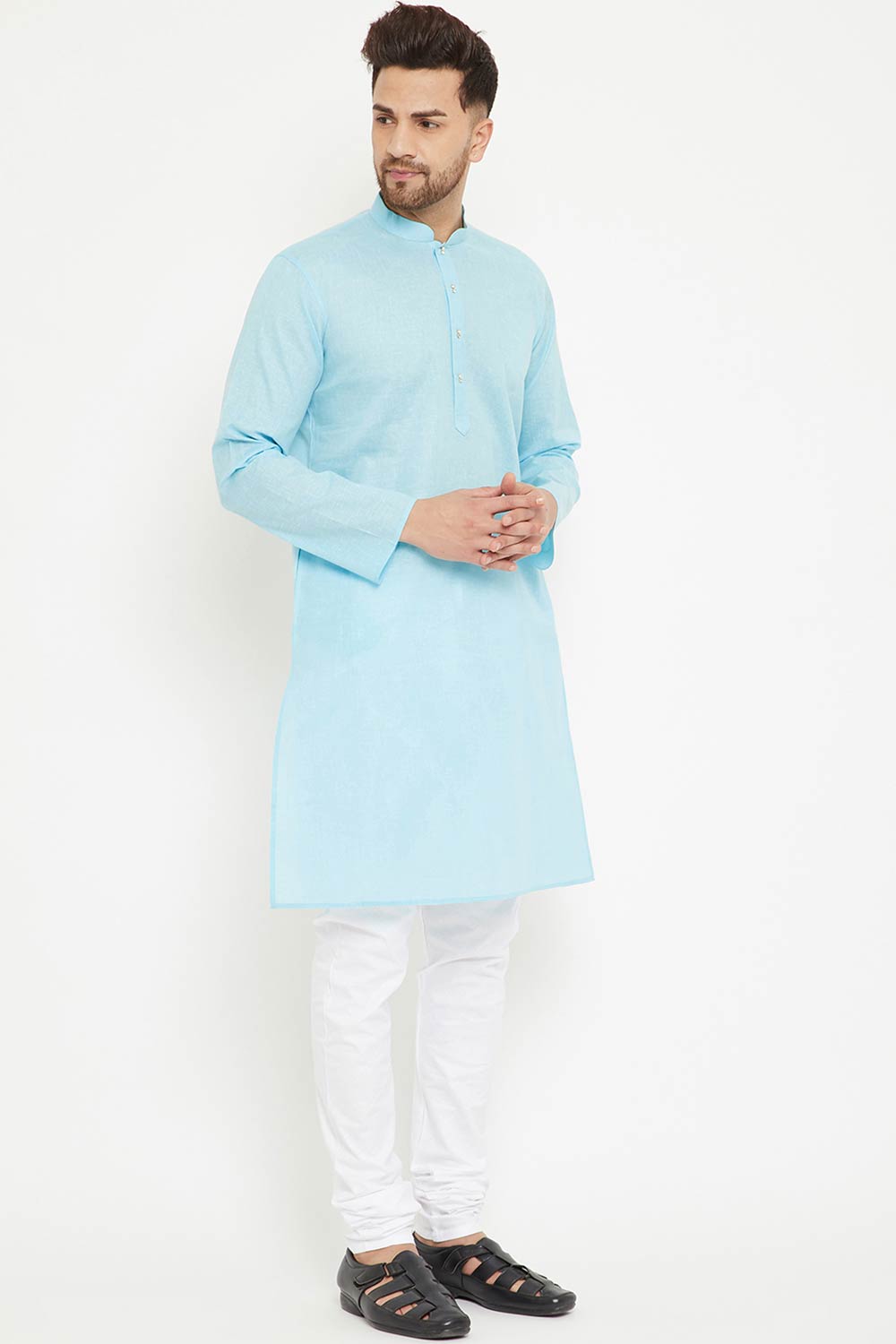 Buy Men's blended Cotton Solid Kurta Set in Aqua - Front