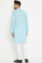 Buy Men's blended Cotton Solid Kurta Set in Aqua - Back