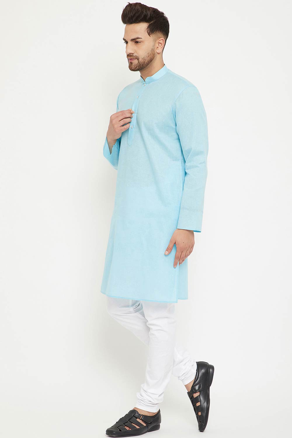 Buy Men's blended Cotton Solid Kurta Set in Aqua - Side