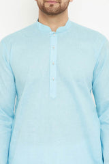 Buy Men's blended Cotton Solid Kurta Set in Aqua - Online