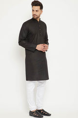 Buy Men's blended Cotton Solid Kurta Set in Black - Front