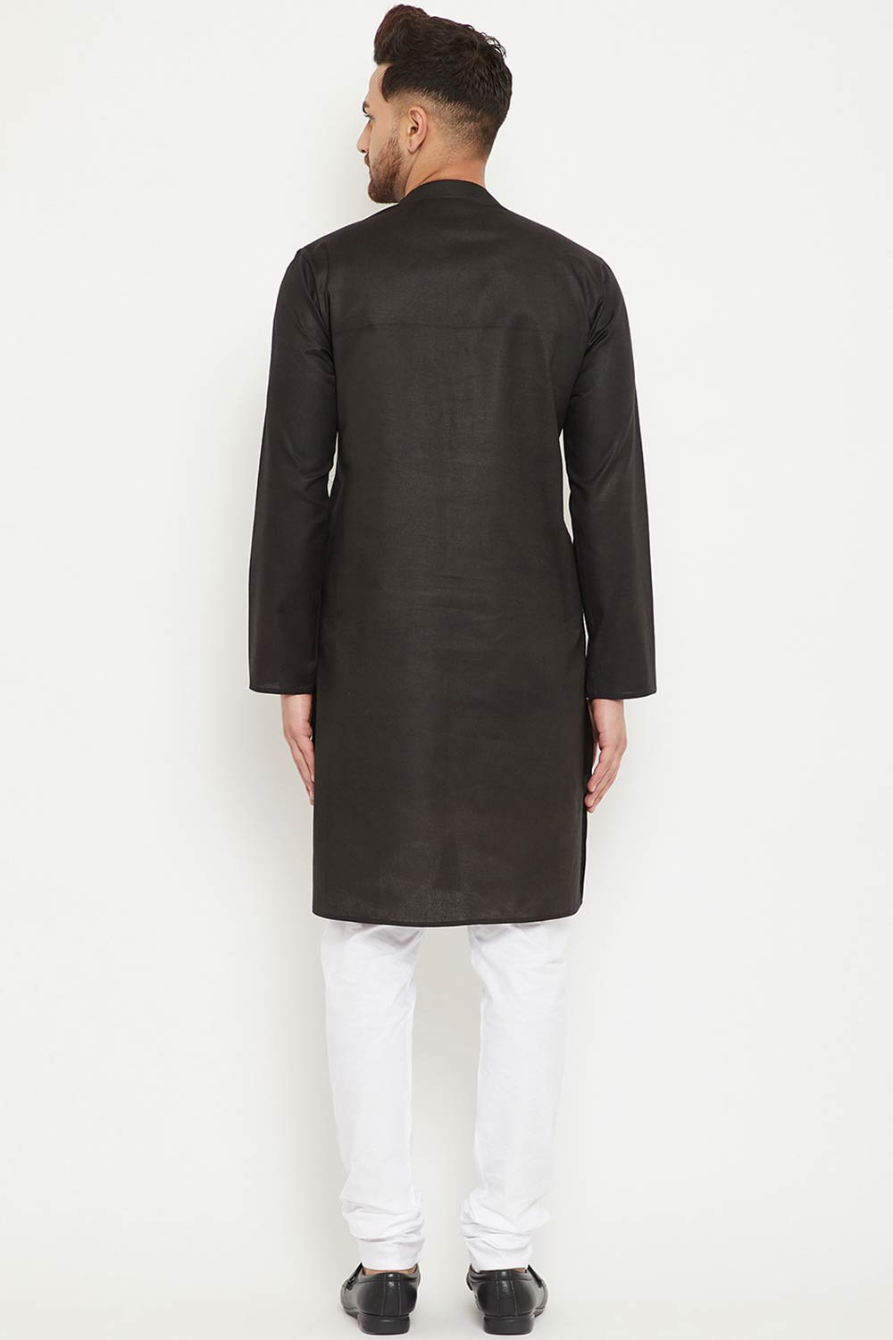 Buy Men's blended Cotton Solid Kurta Set in Black - Back