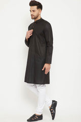 Buy Men's blended Cotton Solid Kurta Set in Black - Side