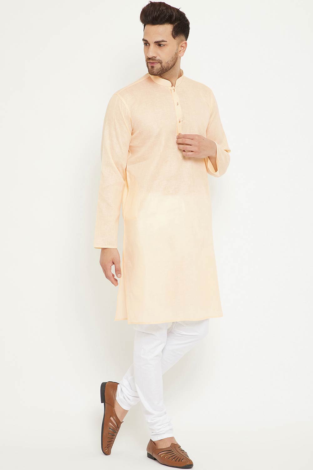 Buy Men's blended Cotton Solid Kurta Set in Cream - Front